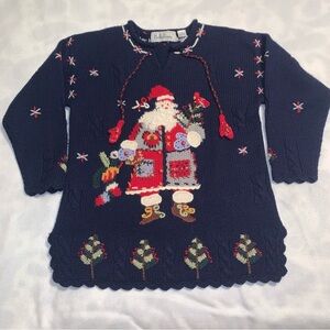 Belle Pointe Vintage Christmas Santa Sweater Sz M Navy Tassels Embroidery EUC